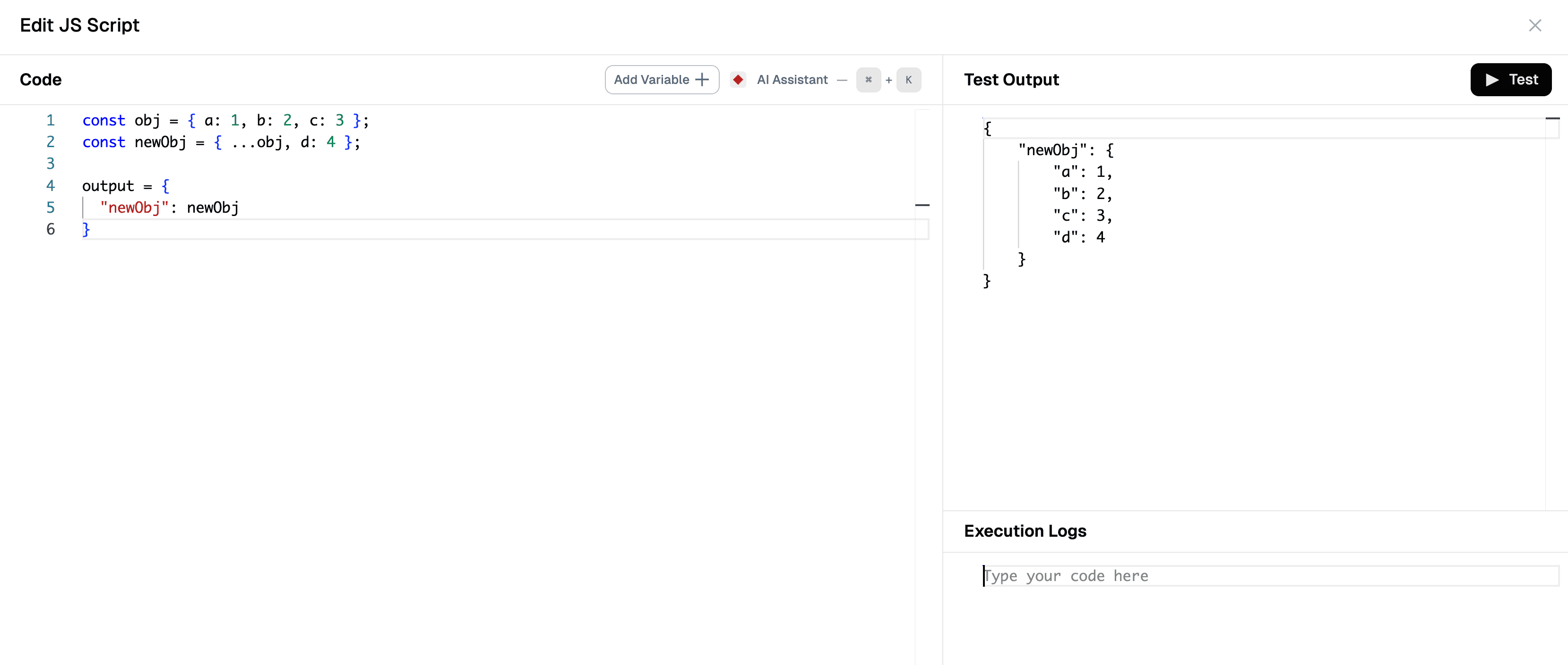 Code IDE showing JavaScript editor, variable insertion, and test output panel